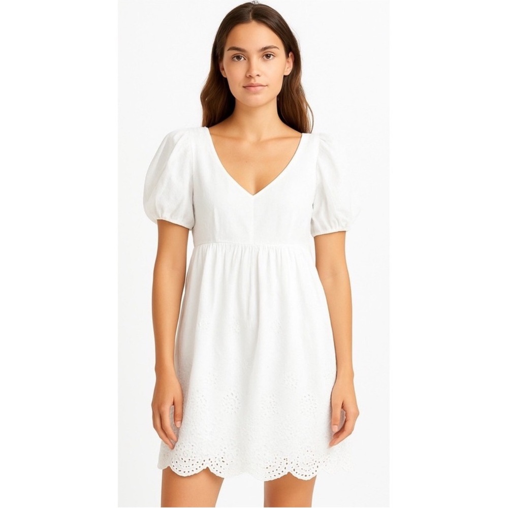 Adrianna Papell Eyelet Hem Puff Sleeve Fit And Flare Babydoll Dress Ivory 6 - Picture 2 of 10